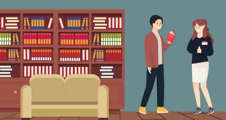 Illustration of a large bookshelf full of different colored books with a beige sofa underneath. The background is turquoise, and the floor is wooden. On the right side is a man in a brown cardigan and black slacks holding open a book. In front of him is a woman with in a black sweater and beige skirt with a name tag on her shirt smiling.
