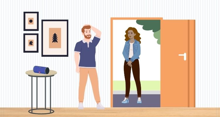 Illustration of a man with a beard in a blue shirt and orange pants rubbing his head as he stares at a woman on the other side of his front door with a serious expression on her face. The background shows the inside of his house, wooden floors, stripped wallpaper, and a stool with a speaker on it.