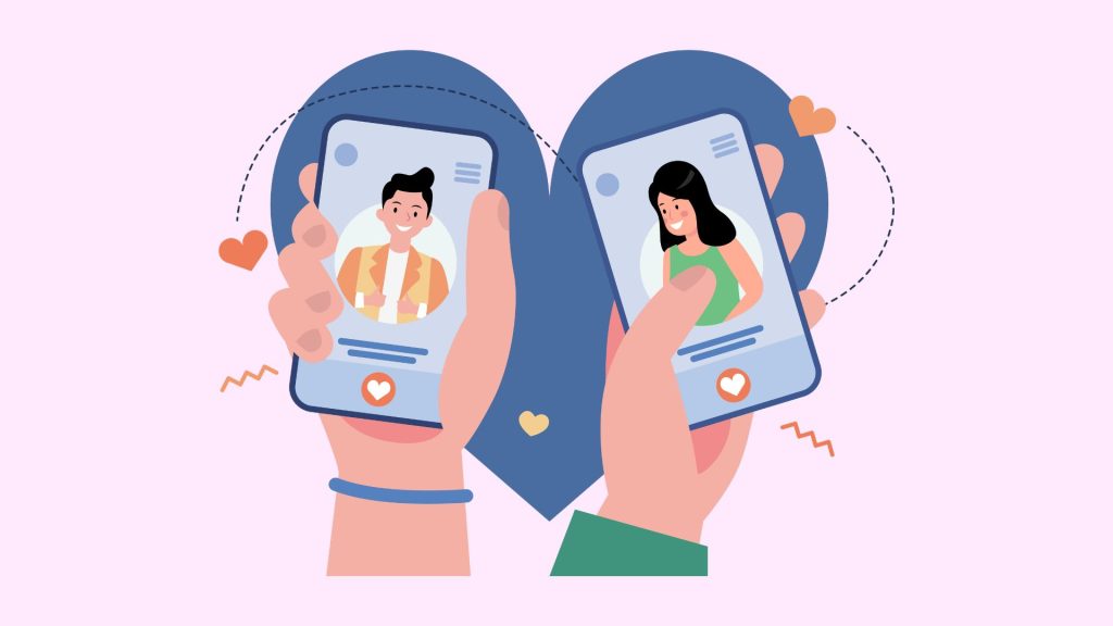 Illustration of two hands holding phones with dating app profiles on the screens on top of a blue heart. The background is light pink.