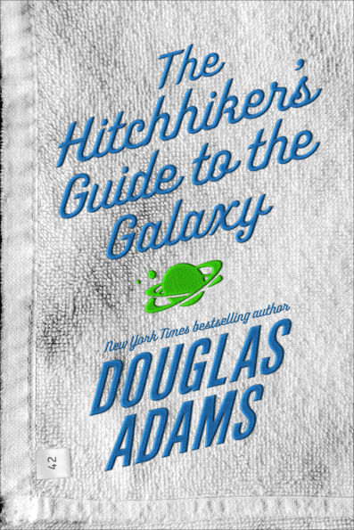 Book cover of "The Hitchhiker's Guide to the Galaxy" by Douglas Adams. Title in blue cursive, with a small green planet design, textured background.