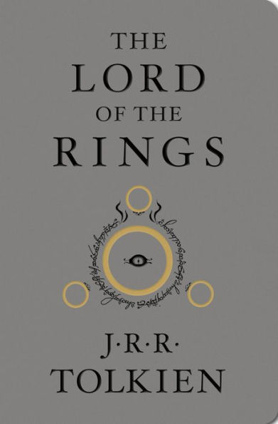 Book cover of "The Lord of the Rings" by J.R.R. Tolkien. Features an eye within a ring, surrounded by Elvish script. Minimalist, mysterious design.