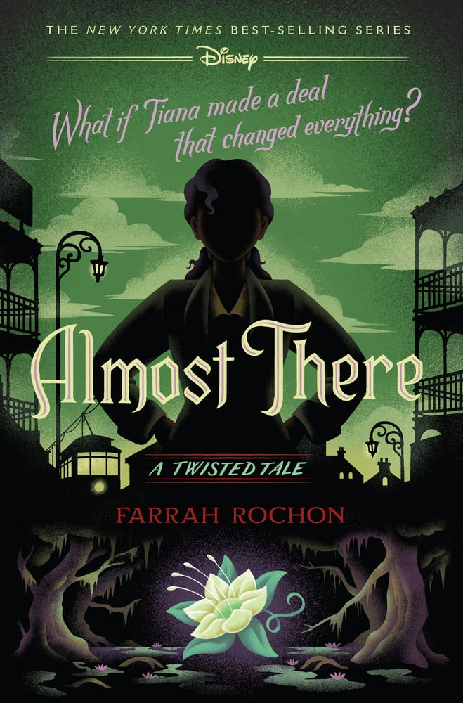 Almost There by Farrah Rochon book cover. Green with a silhouetted woman standing with her hands on her hips with New Orleans in the background. In the foreground, a white lotus flower glows.