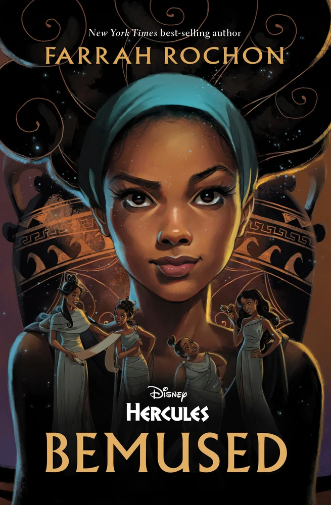 Bemused by Farrah Rochon book cover. Features a woman looking straight ahead with four other women below. In the background Greek mythological symbols can be seen.
