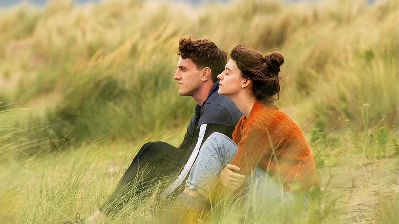 Still from Normal People depicting Paul Mescal as Connell and Daisy Edgar-Jones as Marianne. They are sitting on a hill and are surrounded by tall grass. Her eyes are closed while he is looking off into the distance.