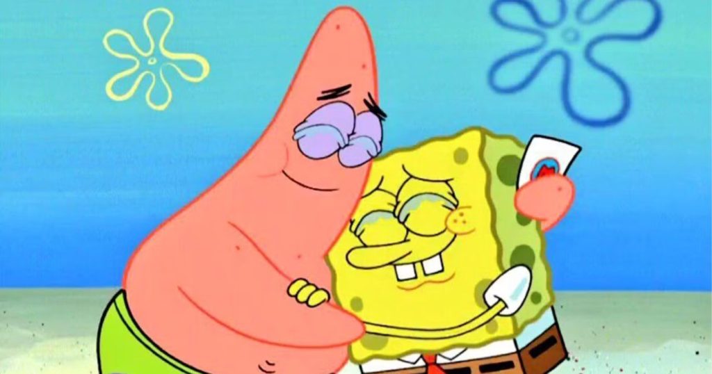SpongeBob and Patrick hug one another, tears welling up in both their eyes. Patrick holds a love note. The pure joy and emotional tenderness personifies their relationship beautifully.