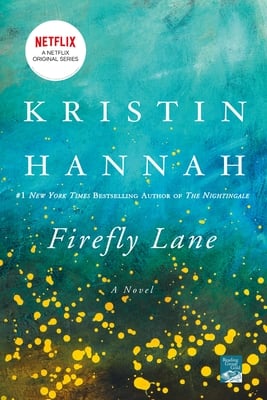 Firefly Lane by Kristin Hannah book cover. Depicts a watercolor blue background with yellow dots to look like fireflies.