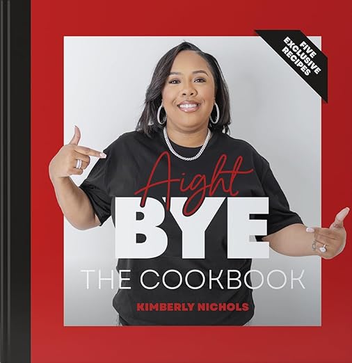 Aight Bye by Kimberly Villalobos book cover, depicting Villalobos wearing a black T-shirt with a grey chain necklace and hoop earrings. There is a red border around the picture, and the word "Aight" is written in red cursive text while the word "bye" is in white, bold text.