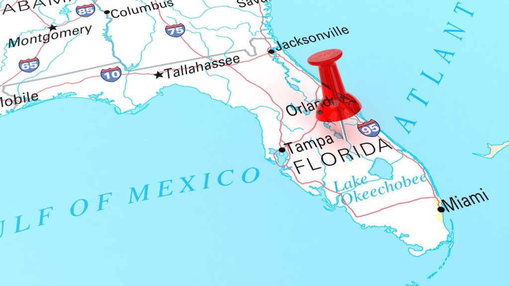 A map of the southeastern United States with a red thumbtack in Florida to the right of Tampa.