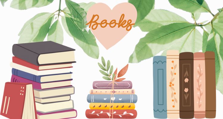 A white background with green leaves coming off the top edges. There is a heart in the top center with the work books. On the left is a tall stack of books that are ordinary. The middle is a smaller stack of books wrapped in yarn with leaves on top of it. One the right are books in a line, all with floral spines.