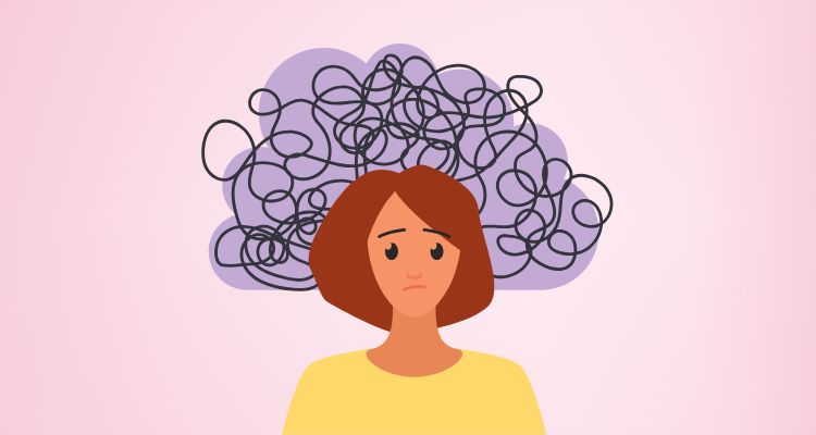 A light pink background, with a cartoon woman on the front. She is in a yellow top and has short brown hair. She has a purple cloud above her with black swirls in it. The girl has a confused/sad look on her face.
