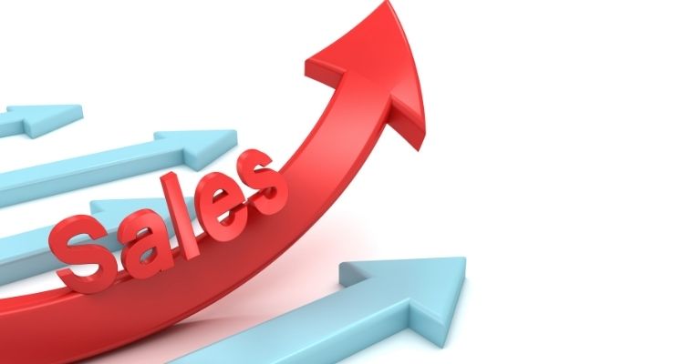 Depicts arrows with a red arrow labeled sales going up ahead of the rest.