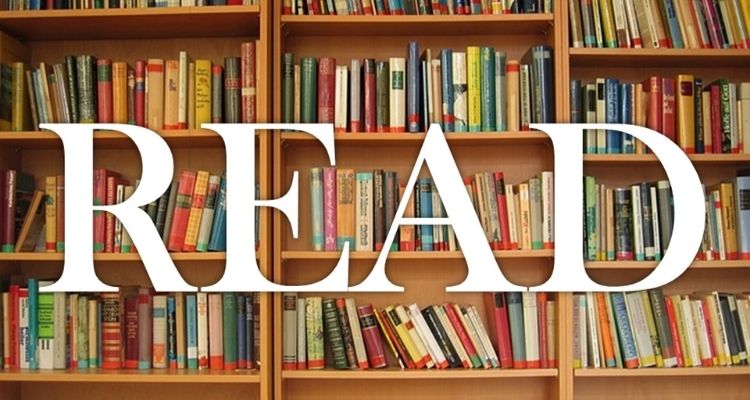 Depicts a bookshelf with the words Read laid overtop.