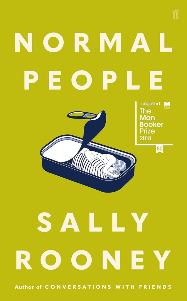 Normal People by Sally Rooney book cover. Depicts a woman and a man holding each other tucked into a sardine tin against a brigh green background.