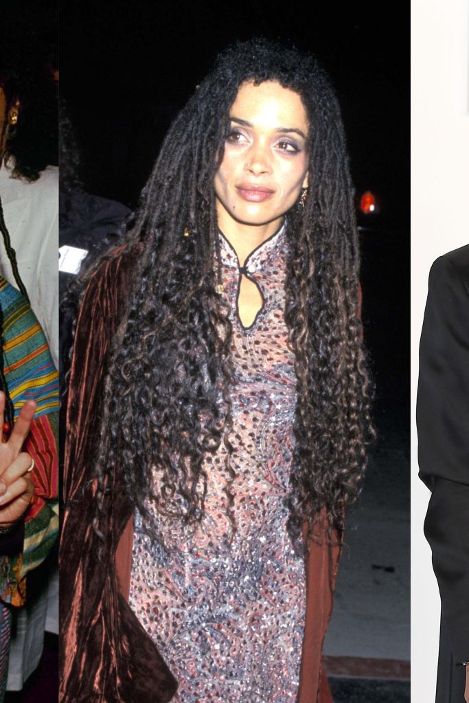 Picture of Lisa Bonet on the red carpet in the 90s. Her hair is long and loose locks, and she is wearing a lavender high-collared dress decorated with swirling designs and rhinestones to look like space and stars. Over the dress, she wears a red, crushed-velvet coat.
