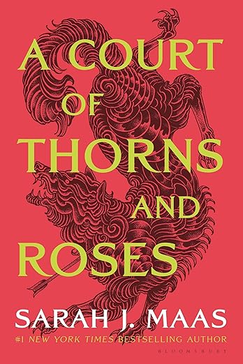 A Court of Thorns and Roses by Sarah J. Mass book cover, depicting an illustration of a dragon on a red background. The title is in big, yellow letters on top of the dragon while the author's name is in white on the bottom.