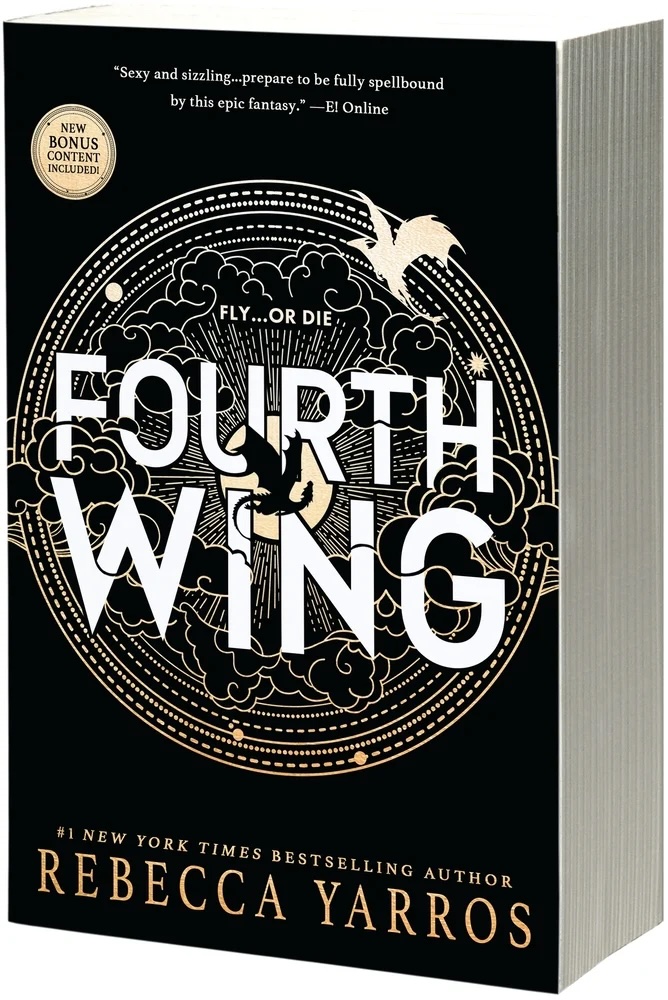 Fourth Wing by Rebecca Yarros book cover, depicting a circular design in the middle with dragons, clouds, and a white circle within it. The title is written on top of the circle in bold white letters.