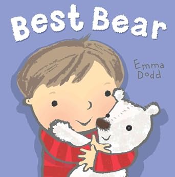 Book cover of "Best Bear" by Emma Dodd. A child in a red-striped sweater hugs a white teddy bear with a joyful expression on a periwinkle background.