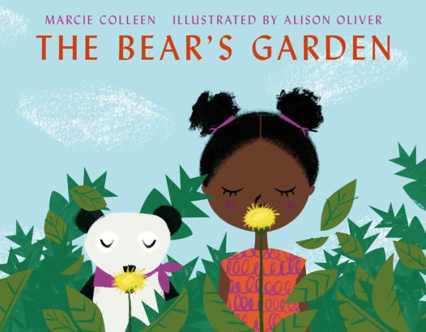 Book cover of "The Bear's Garden" by Marcie Colleen shows a girl with pigtails and a white bear, both gently holding yellow flowers. They are surrounded by lush green leaves with a blue sky behind them.