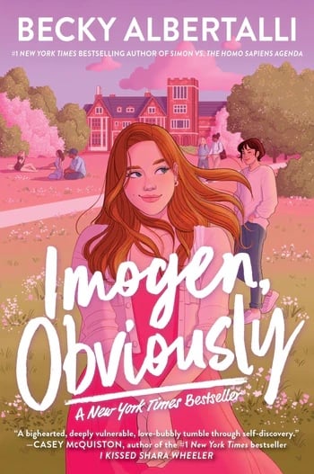 Imogen, Obviously by Becky Albertalli book cover with an illustration of a girl wearing a pink dress smiling and glancing to the side at a brunette girl in a white sweatshirt in the background. A large brick building stands in the background, and a few figures sit in the grass and others walk along a path.