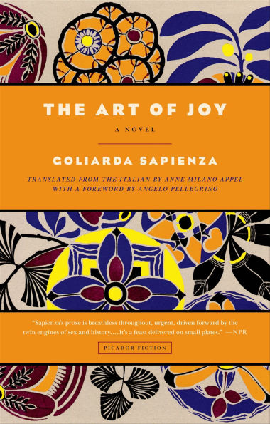 Book cover of "The Art of Joy" by Goliarda Sapienza features bold, abstract floral patterns in vibrant purple, red, and yellow.