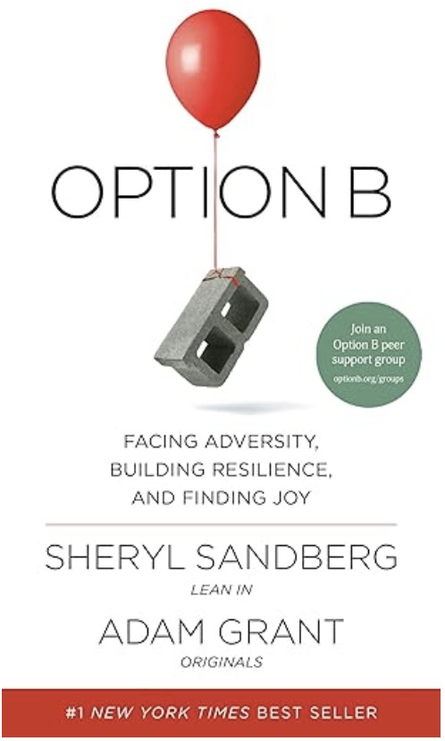 "Option B" by Sheryl Sandberg and Adam Grant, with a stark white background and a red balloon tied to a gray block, symbolizing resilience and the subtitle “facing adversity, building resilience, and finding joy.”