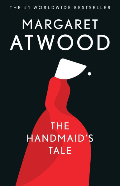 Book cover of "The Handmaid's Tale" by Margaret Atwood, featuring a minimalist illustration of a handmaid in red with a white bonnet on a black background.