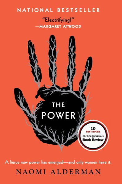 Book cover of "The Power" by Naomi Alderman. A stylized black handprint with electric branches on an orange background.