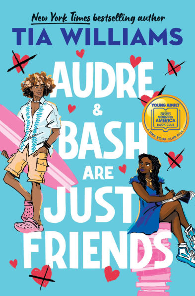 Book cover of "Audre & Bash Are Just Friends" by Tia Williams features a vibrant blue background and playful illustrations of two stylish characters.