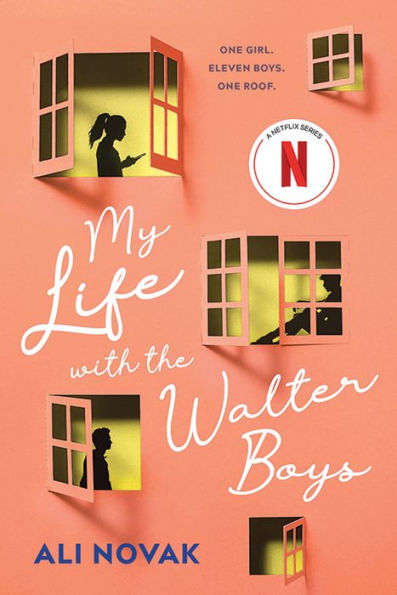 Book cover of "My Life with the Walter Boys" by Ali Novak, featuring illustrated open windows with silhouettes and a Netflix adaptation badge.