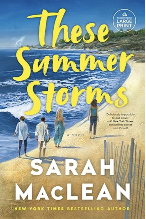 A beach scene with four people walking along the sand toward the ocean. The title is written in bold yellow letters across a clear blue sky, with Sarah MacLean’s name in white at the bottom.