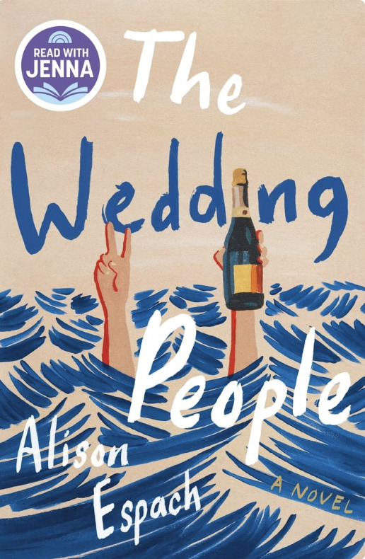 llustrated cover of two hands emerging from deep blue waves—one holding a champagne bottle, the other flashing a peace sign. Text reads “The Wedding People” in white and blue lettering.
