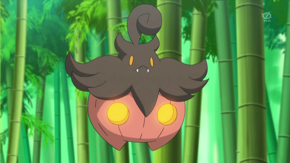 A screenshot from the Pokémon TV series, featuring a floating creature that greatly resembles a glowing jack-o-lantern in a bamboo forest.