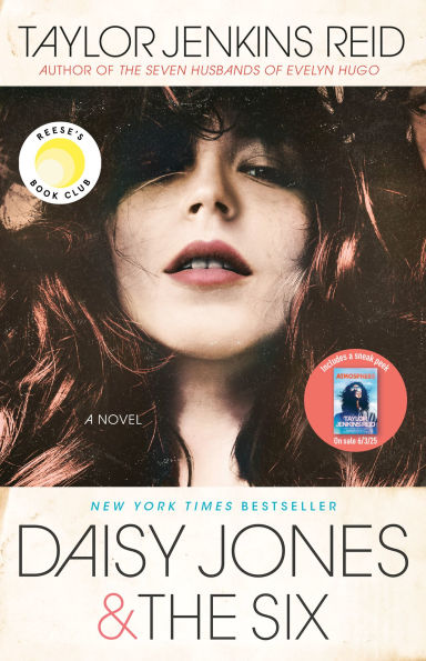 Book cover of "Daisy Jones & The Six" by Taylor Jenkins Reid, featuring a close-up of a woman with red hair, lipstick, and an intense gaze.