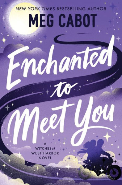 Book cover of "Enchanted To Meet You" by Meg Cabot. with a whimsical design. A silhouette of a man and woman on a motorcycle flies across a crescent moon.