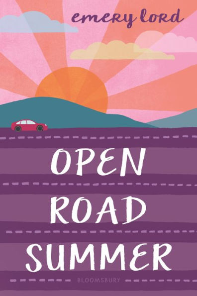 Book cover of "Open Road Summer" by Emery Lord. Features a stylized sunset with pink and orange rays, a distant car, and bold purple lettering.