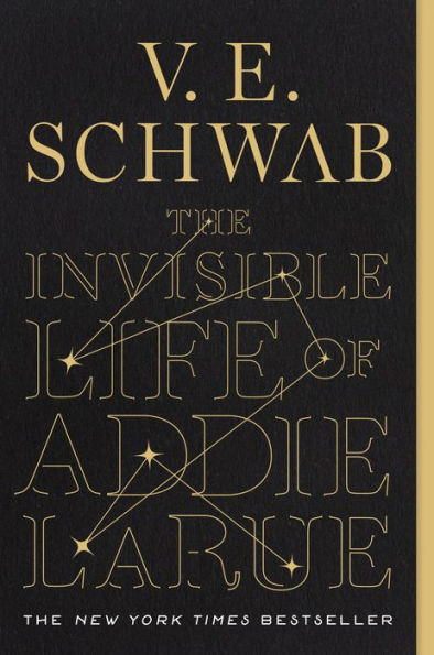 Book cover of "The Invisible Life of Addie LaRue" by V.E. Schwab. Black background with gold geometric lines and stars.