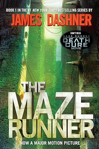 The Maze Runner by James Dashner cover, depicting rusted buildings and wires that are covered in green vines. Above the buildings, the sky and sun are out of focus. The title is written at the bottom of the cover in 3D letters made to look like they are made out of metal.
