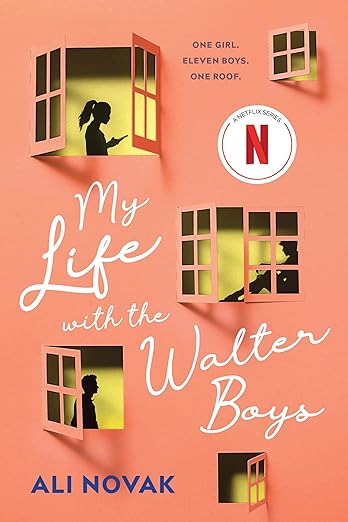 My Life with the Walter Boys by Ali Novak book cover, depicting a coral background with five open windows, made to look like a piece of paper with cutouts resembling windows. Behind the windows is a yellow background, and in three windows are silhouettes of a woman's profile looking at something she is holding, a man sitting down, and another man's profile. The title is written in white, cursive text in the bottom half of the book.
