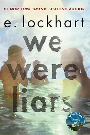We Were Liars by E. Lockhart book cover depicting a blurry image of three people in a body of water and a slightly cloudy and sunny sky. The title is written in the middle of the cover in grey letters that disintegrate towards the right side of the cover.