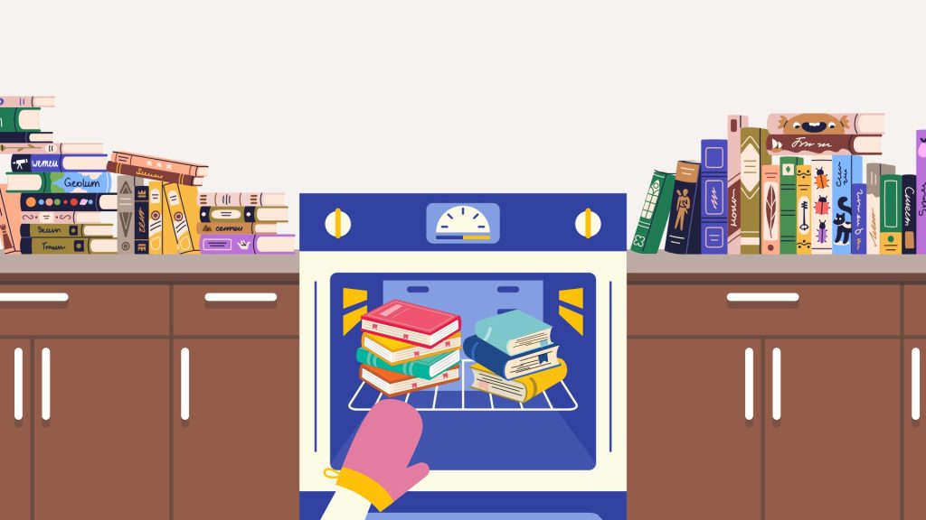 A hand with a pink oven mitt reaches into a blue and white oven to reveal two stacks of books. More books are stacked and arranged on the gray and brown kitchen countertop; the wall is off-white.