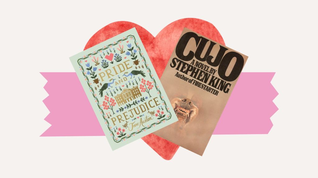 Pride and Prejudice by Jane Austen and Cujo by Stephen King are overlaid on a red watercolor heart and pink tape ribbon; the background is off white.