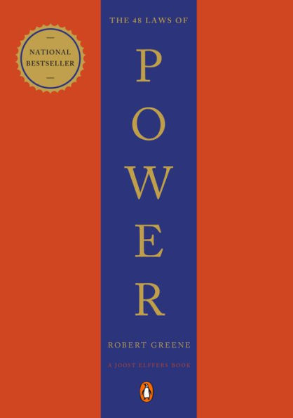 Book cover of "The 48 Laws of Power" by Robert Greene. A red background with a bold blue vertical stripe displays the title in large letters. A gold "National Bestseller" seal is at the top left.