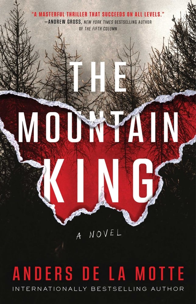 The Mountain King by Anders de la Motte, a crime fiction novel cover containing a red butterfly in the foreground and a forest in the background.