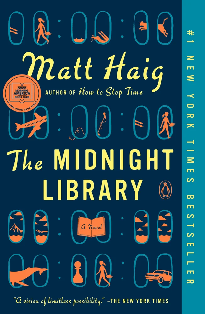 The Midnight Library by Matt Haig book cover. Depicts windows with figures and images going in and out like portals into other worlds.