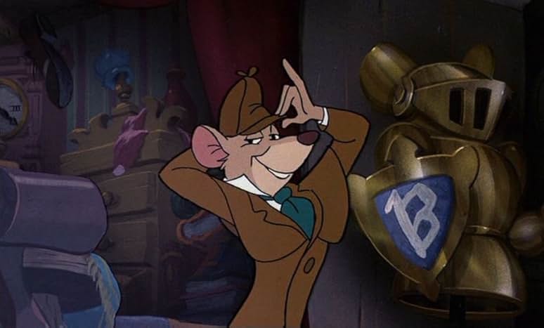 A still from the movie The Great Mouse Detective. An animated mouse in a brown Sherlock Holmes outfit puts his cap on proudly. Behind him is a dimly lit room featuring a wooden armoire and a gold suit of armor.