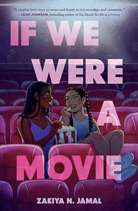 Two Black teen girls sitting in a movie theater. One has long braids and the other has a short afro; they smile and share a bucket of popcorn while gazing at each other. The scene is playful and romantic.