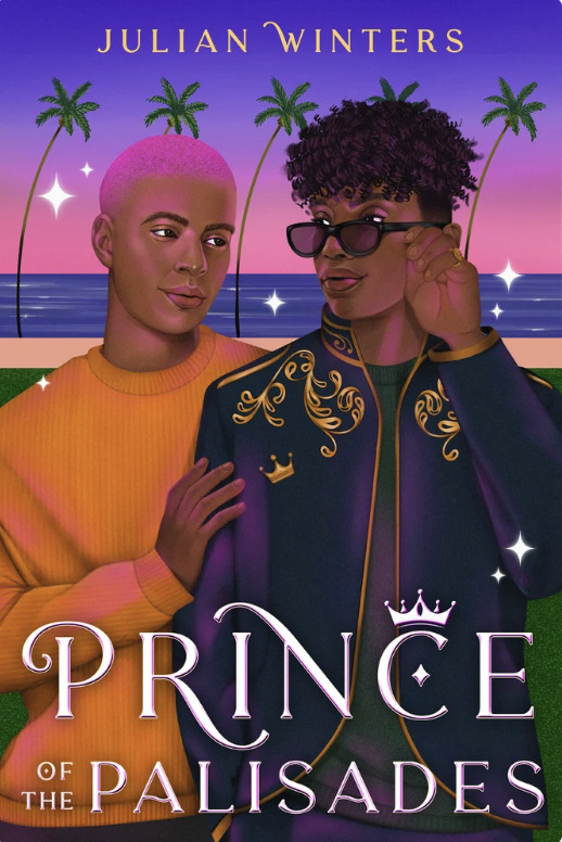 Two Black teen boys standing close together in front of a beachside sunset. One has pink hair and wears an orange sweater; the other wears a royal blue jacket with gold embroidery and sunglasses. Sparkling stars and palm trees appear in the background.