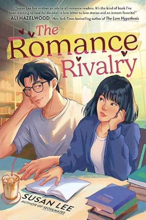 Two Korean American teens sitting at a table in a library. The boy wears glasses and smiles thoughtfully, while the girl leans on her hand and gazes at him, looking intrigued. Books and iced coffee sit on the table between them.