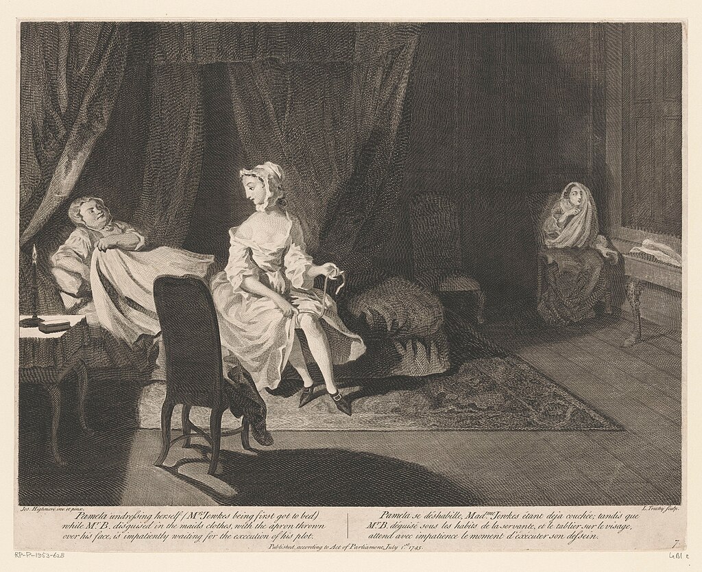 A black and white etching from the book Pamela; or, a Virtue Rewarded. A man in old-fashioned sleepwear reclines on a canopy bed. Sitting on the edge of the bed is a woman in a billowing gown, untying stockings. In the back corner, another woman cowers in a chair and watches.