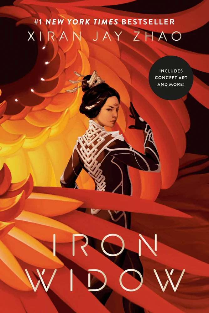 Iron Widow by Xiran Jay Zhao book cover. Depicts a person standing around swirling red, orange, and yellow.